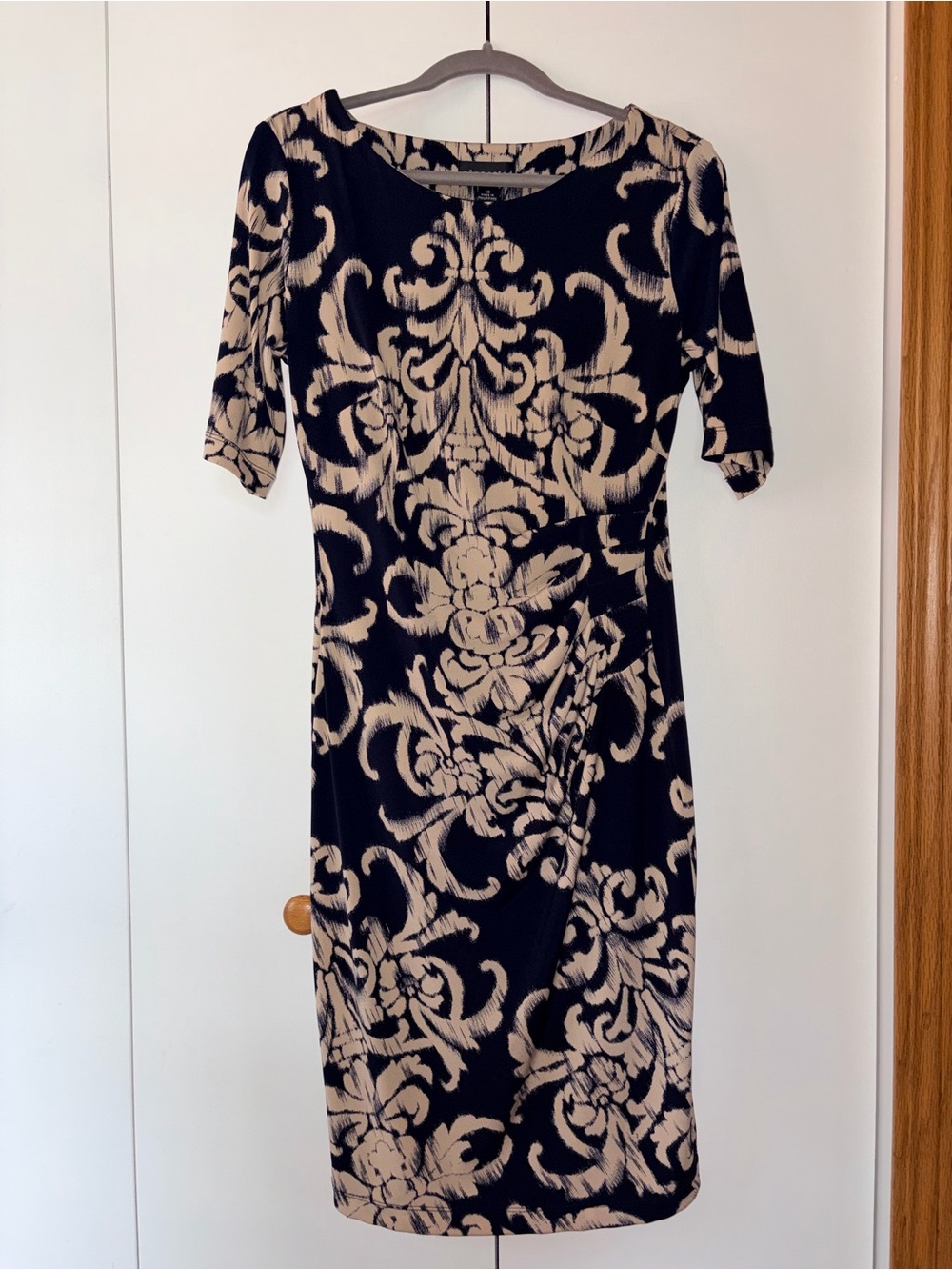 connected apparel Black Midi Dress with Cream Scroll Print
